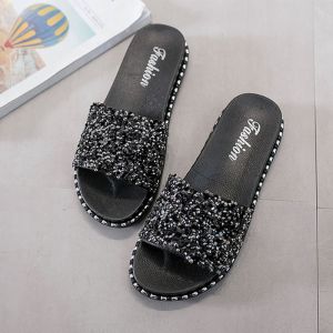 IELGY womens sequin sandals thick bottomed flat round toe slippers（Shoe size runs one size down）
