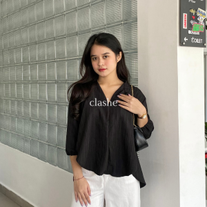 Baju Blouse Wanita Atasan Lengan Panjang Lady Crush Crinkle Anti Lecek Korean Style Kekinian Terbaru Ootd Reina Top by Clashe