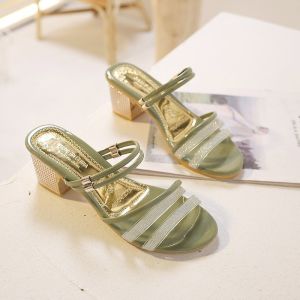 [Free Shipping] WomenS New Fashion Sandals Simple Design With Sequins And Rhinestones Round Toe Mid-Heel