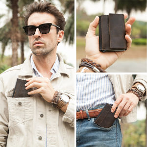 CONTACTS Crazy Horse Leather Card Holder For Men Automatic Pop Up ID Card Case Small Coin Purse RFID Blocking Male Wallet