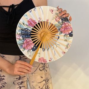 RBJ4 Round Folding Hand Fan Bamboo Handle Exquisite Windmill Fan Photography Props Classical Chinese Fans Wedding Party Decor