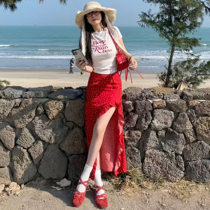 COD red holiday style skirt womens summer thin new Spice Girl floral hip skirt high split long skirt 2026 new product