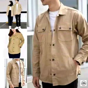 Jaket Trucker Semi Parka Kanvas Warna Kream Big Size