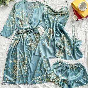 Large Size Women Pajamas 4PCS Set Silky Home Clothes Pijamas Suit Print Cherry Kimono Bath Robe Gown Loose Sleepwear Loungwear