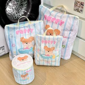 LYMEDIA ป้องกันการเสียรูป ถุงซักผ้าตาข่ายมีซิป ลูกสุนัขแมวการ์ตูนน่ารัก ป้องกันการพันกัน ถุงซักผ้าป้องกัน แบบพกพา พร้อมที่จับ ตัวป้องกันทำความสะอาดชุดชั้นใน ชุดชั้นใน