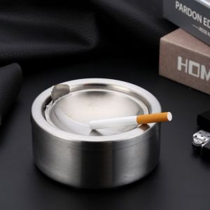 防风防摔带盖不锈钢烟灰缸高档翻盖式卧室客厅可按钮活动有盖烟缸Windproof and anti fall stainless steel ashtray with lid high-end flip