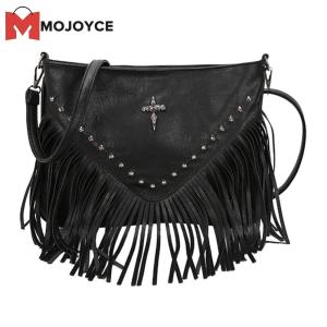MOJOYCE Women PU Studded Tassel Shoulder Bag Adjustable Strap Rivet Fringe Tassel Bag Vintage Small Handbag for Outdoor Travel