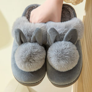 Korean cute long ears ball wool bedroom warm non slip thickened indoor plush slippers for womens