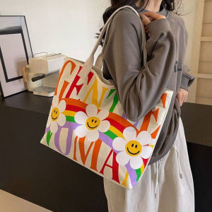 New Print Canvas Bag Fashion Zipper Youth Shoulder Bag Teen Girls School Bags Large Capacity Tote Bag for Women Work Travel