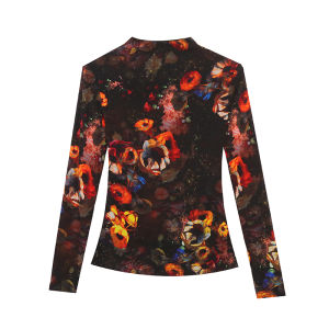 REHIN Womens top Autumn new slim fit high-neck fashion printing mesh long-sleeved T-shirt cotton blouse