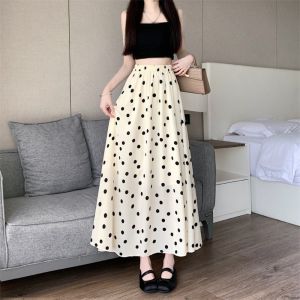 PERLER Elastic Waist Polka Dot Skirt Slim Fit Splicing Design A-Line Skirt Temperament Pleated Half-length Dress Women