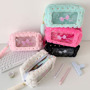MMLUCK Plush PVC Y2K Bow Stationery Bag Storage Bowknot Korean Style Pencil Case Kawaii Cosmetics Card Pen Bow Pencil Pouch Stationery Holder