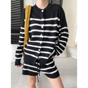 2026 Autumn New Women Color Block Striped Round Neck Knitted Cardigan Drawstring Casual Shorts Fashion Two Piece Suit