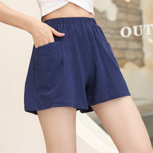 Korean Womens Cotton Linen Fashion Shorts with Pockets Summer Elastic Waist Casual Loose Student Sports Home Wear Office Shorts Yellow