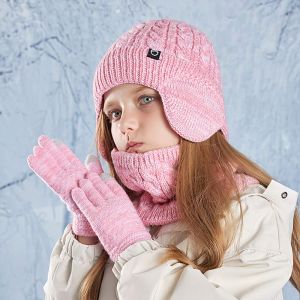 BESTITIT Fleece Lined Childrens Hat Neck Scarf Gloves Set Winter Warm Neck Warmers Cute Ear Protection Kids Earflap Beanies for Boys and Girls