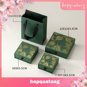 Hộp đựng trang sức ngăn kéo in hoa mạ nổi lấp lánh có mút xốp màu xanh và đen