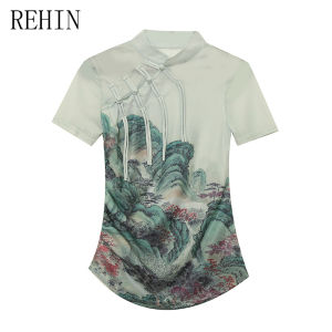 REHIN Chinese-Inspired Womens Short-sleeved T-shirt with Artful High-end Design  Stand Collar and Traditional Button Elegant Tops