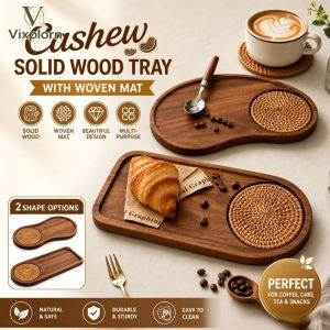 Vixplorn Solid Wood Coffee Tray With Rattan Mat Coaster Slot Cashew Curved Serving Tray Cake Tea
