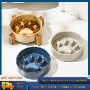 Japanese-Style Kiln Transmutation Ceramic Pet Cat Bowl Dog Bowl Medium-Sized Dog Dog Puppy Slow Feeding Bowl Wooden Rack Anti-Pinch Slow Food Bowl