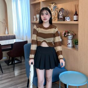 🌈SpinnyHouse🌈เสื้อครอปแขนยาว ผ้าทอฉลุทอลายสลับสี 🥰 แต่งขอบเอวชายโค้งเว้า ใส่เที่ยวปาร์ตี้ อองานได้ รุ่น ร้อนมาก