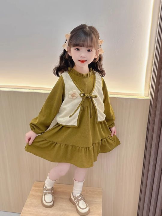 DRESS SERUTY LENGAN PANJANG MODEL LEHER REMPEL WITH CARDIGAN CORDUROY | DRESS ANAK PEREMPUAN USIA 1-4 TAHUN | DRESS CARDIGAN 2IN1 GAYA KOREAN STYLE | NKC