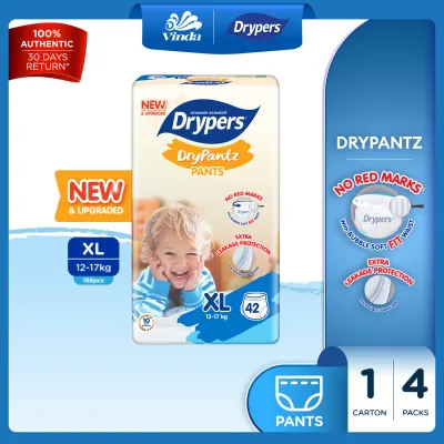 [UPGRADED] Drypers DryPantz Baby Diapers M58/ L48 / XL42 / XXL36 (4 Packs) - Bubble Soft Fit Waist Baby Pants