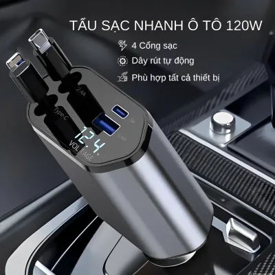 Tẩu Sạc Nhanh Ô Tô 120W Tích Hợp Cáp Sạc Rút Gọn Hỗ Trợ Sạc Nhanh Mọi Thiết Bị