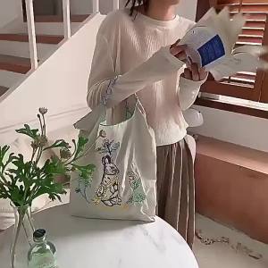 Japanese Style Niche Handmade Embroidered Tote Bag women Nylon Shopping Eco-friendly shoulder Bag