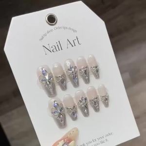[HANDMADE]Artificial Nail Dreamy Fairy Aurora Pink Sparkling White Diamond Wedding Nail Phototpy Nails Reusable and Removable Nails