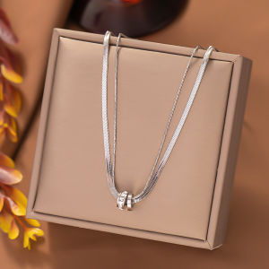 BESFOME Stainless Steel Color Preserving Double Transfer Ring Necklace Diamond Lucky Pendant Flat Snake Necklace