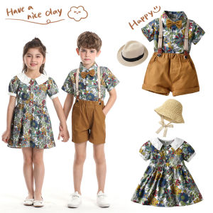 lontakids Kids Summer Beach Suit Boys Hawaiian Button Down Shirt and Suspenders Short Set Girls Floral Printed Dress with Hat
