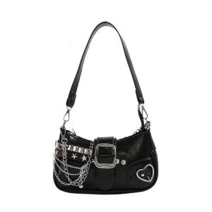 Punk Grunge Star Rivets Shoulder Bag with Metal Chain Motorcycle Underarm Purse Handbag Zippered Armpit Bag for Women