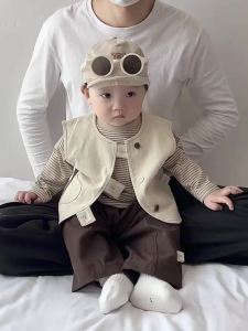 Baby vest jacket autumn outfit baby clothes in Korean style stylish and handsome boys striped base shirt and straight-leg pants