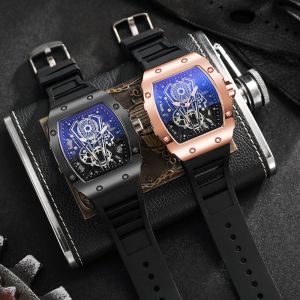RANG Large Dial Mens Quartz Watch Silicone Band Hollow Out Design Casual Quartz Watch Stylish Wine Barrel Shape Sports Quartz Watch For Men