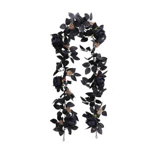 REGISTR Black Halloween Rose Leaf Vines Simulated Flowers 175cm Artificial Rose Vines Gothic Decor Handmade Halloween Garland Halloween Party