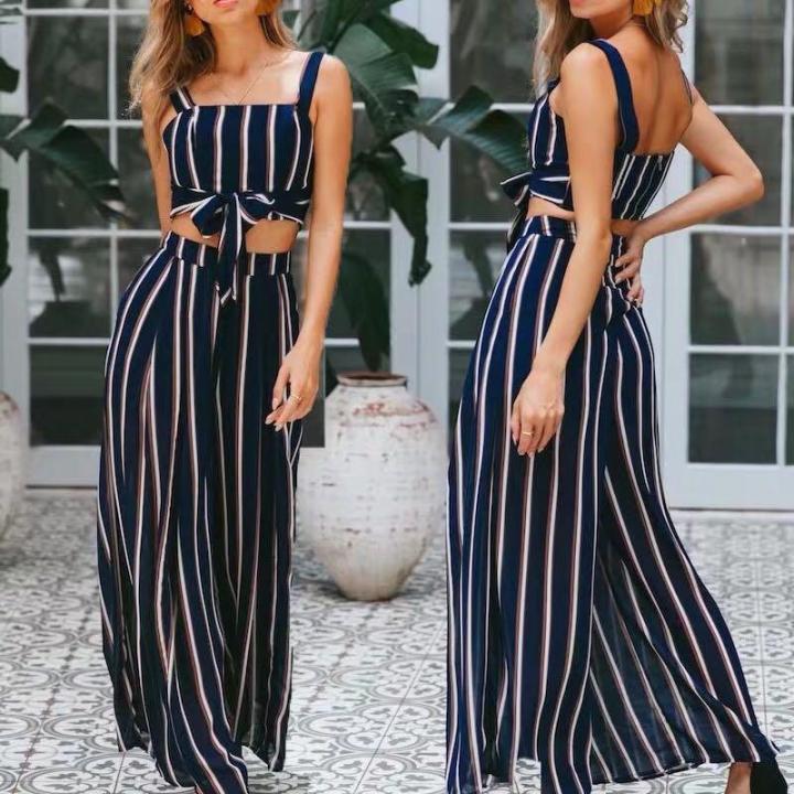 2 in 1Navy Striped Two Piece Jumpsuit Romper Spaghetti Strap Culottes Pants Lazada PH