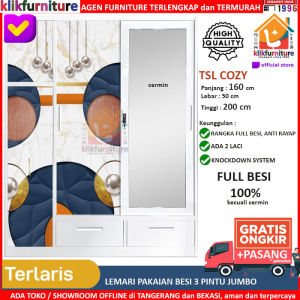KLIKFURNITURE XTRA LARGE Lemari Pakaian Besi 3 Pintu Sliding Cermin Laci TSL 200 COZY