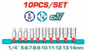 Bộ 10 đầu tuýp 1/2inch - 1/4 inch TOTAL đa kích thước đầu tuýp chất liệu 50BV30 thép CrV được xử lý nhiệt - Thinksafe