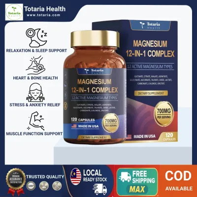 [READY STOCK] Totaria Magnesium 12-in-1 Complex 700mg - Full Spectrum Magnesium Supplement with Glycinate Malate & Citrate for Muscle Heart & Sleep Support - High Absorption Vegan 120 Capsules