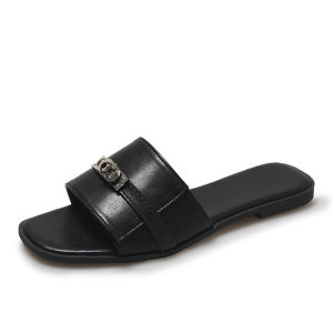 [Free Shipping] 35-45 Large Size Korean Style Small Silver Buckle Slip-On Sandals For Summer Flat-Soled Half-Slippers For Outdoor Wear
