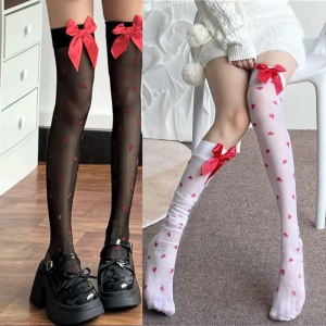 Women Bows Thigh High Stockings Red Heart Over The Knee Highs Socks Nylon Stocking Daily Halloween Cosplay Party Costume