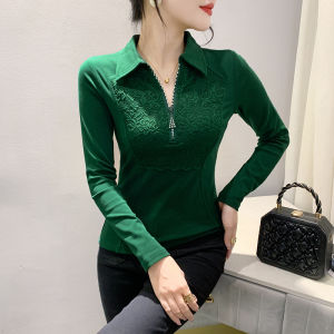 YIMEI เสื้อยืดผู้หญิงสีแดงคอปกซิปเพชรเสื้อยืดผ้าคอตตอนผ้ายืดเข้ารูปพอดีลดอายุเสื้อยืดสวยงาม