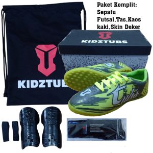 KIDZTUBS Sepatu Futsal Anak Paket Komplit Sepatu Futsal Tas Skin Deker Kaos Kaki Usia 6-10 Tahun Size 28 29 30 31 32 33 34 35 36 37 KDZ1602011525