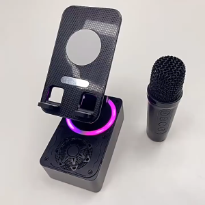 K98 mobile phone holder Bluetooth speaker power bank 3-in-1 multifunctional smart all-in-one machine with microphones  Built-in Mobile Phone Holder with 1/2 Wireless Microphone and LED Light Function