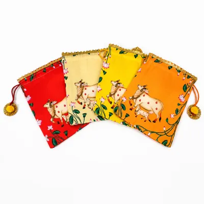 Krishna Yashoda Print Silk Potli Gift Bag with Drawstring Closure | Reusable Pooja Return Gift Pouch for Festivals Weddings & Favors (Pack of 1 Pc)