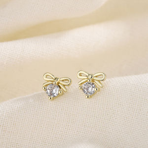 Elegant 14k Gold Small Shining Zirconia Bow Stud Earrings for Women Mini Vintage Bowknot Earring