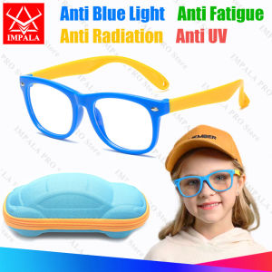 IMPALA FL1666Q Kids Anti Blue Light Glasses Silica Frame Boys Girls Anti UV Filter Eyeglasses Flexible Frame Very Durable Children Anti Fatigue Eyewear with Glasses Case