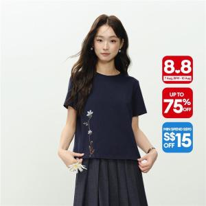 Giordano Women 100% cotton floral embroidery short sleeve tee Free Shipping 18326226