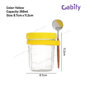 Cabify Soda Lime Glass 350ml Transparent Portable Overnight Oatmeal Glass Jar Container with Spoon and Lid