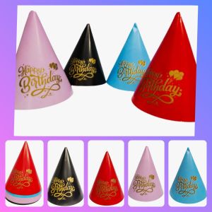 Topi Ulang tahun anak dewasa lingkar kerucut motif huruf Gold hiasan ultah